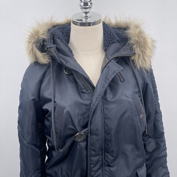 J. Crew  womans parka jacket xxs blue faux fur hoodie puffer - Picture 2 of 8